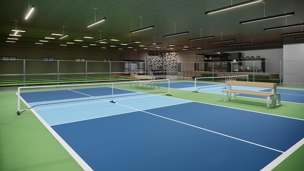 Indoor-Pickleballplatz mit blauer und grüner Farbe 3D-Render-Illustration Sportkomplex
