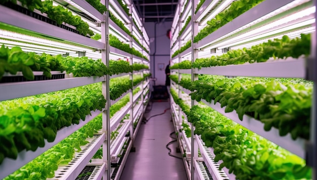 Indoor-Vertikal-Hydroponikfarm mit Reihen von üppig grünem Blattgemüse, das unter LED-Leuchten wächst Nachhaltige städtische Landwirtschaft und futuristisches Landwirtschaftskonzept