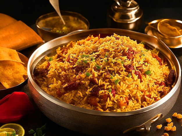 Indulge-se nos ricos sabores do nosso biriyani perfeitamente capturado numa imagem cinematográfica de dar água na boca