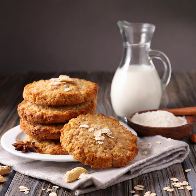 Una indulgencia cálida, galletas de avena aromáticas y un vaso de leche.