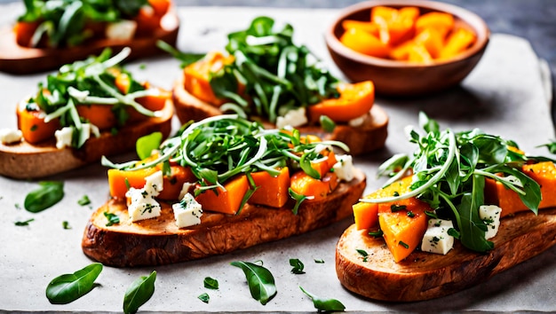 Indulgência de Outono Queijo de abóbora assado e Arugula Bruschetta