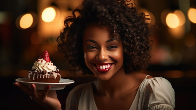 Indulgência irresistível Capture a alegria enquanto uma mulher negra toma uma mordida enorme de uma sobremesa sofisticada