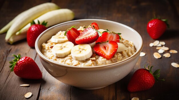 Foto indulgencia matutina harina de avena con plátano y fresas