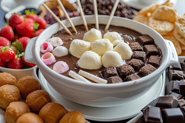 Foto indulgencia de una rica fondue de chocolate con varias opciones de inmersión