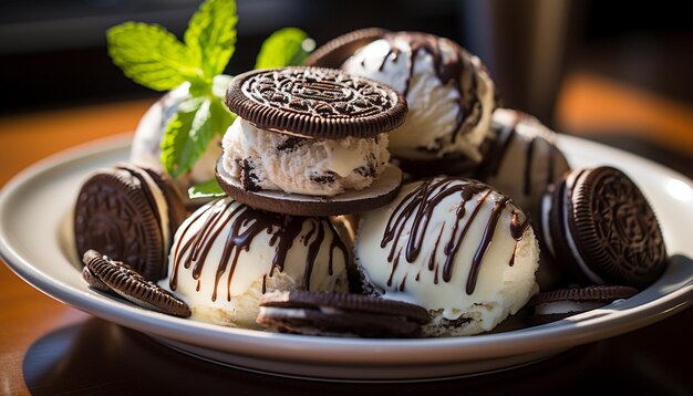 Indulgente galleta con chispas de chocolate casera sobre una mesa de madera generada por IA