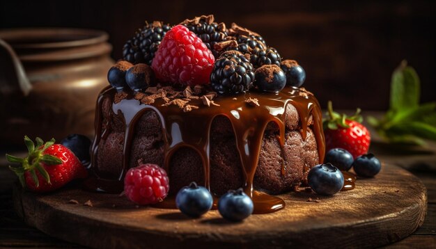 Indulgente postre de bayas casero en una mesa de madera rústica con fruta fresca generada por inteligencia artificial