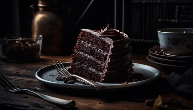 Indulgente postre de chocolate casero en un plato de madera rústico listo para comer generado por IA