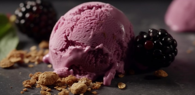 Indulgente postre congelado helado de frambuesa rosa con cuchara gourmet de chocolate generado por inteligencia artificial