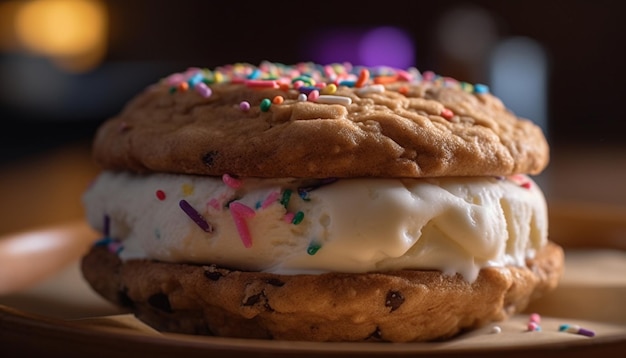 Indulgente postre gourmet casero apilado de galletas de chocolate con una colorida decoración de glaseado generada por IA