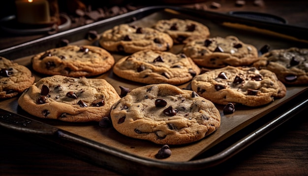 Indulgentes galletas caseras con trocitos de chocolate en una mesa rústica generada por IA