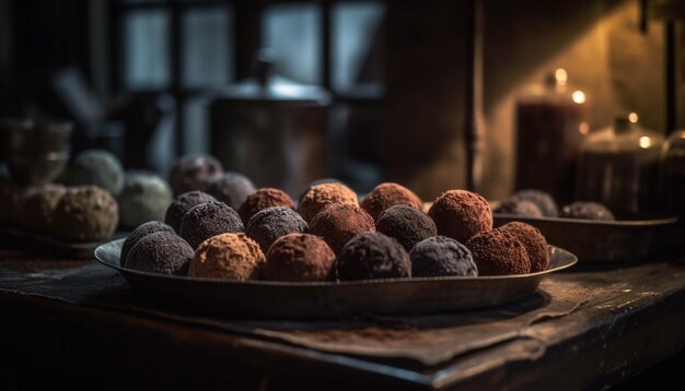 Indulgentes trufas de chocolate caseras en una mesa rústica generada por inteligencia artificial