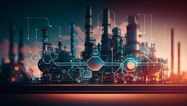 Industria 40 y concepto de conservación de energía Emblema de energía y doble exposición de red con fondo de planta comercial de refinería de petróleo IA generativa