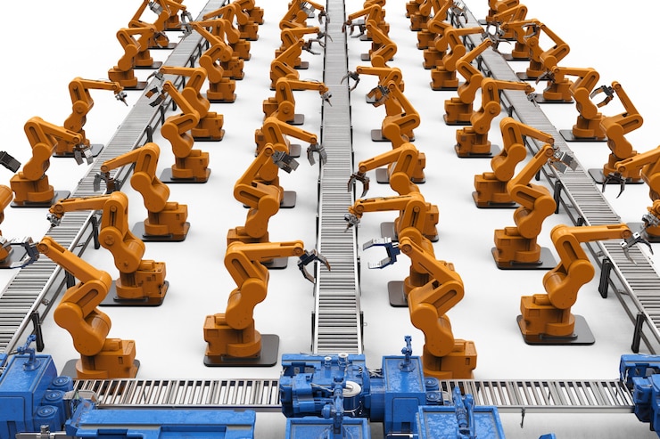 Foto industria de la automatización con brazos robóticos con líneas transportadoras