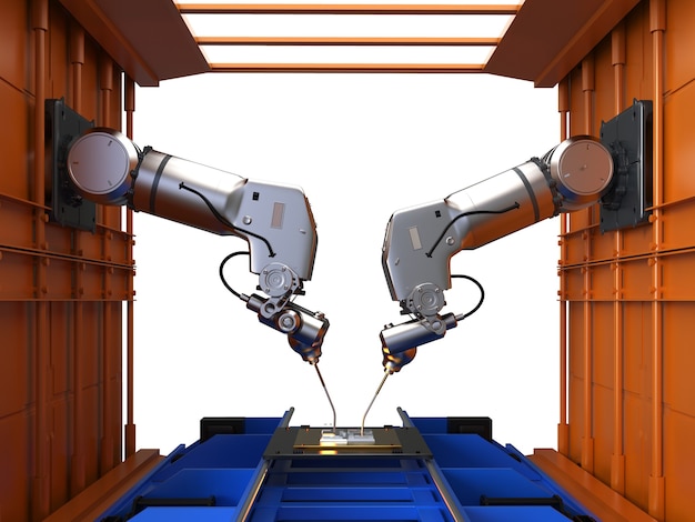 Industria de la automatización con línea de ensamblaje de robots en la fábrica