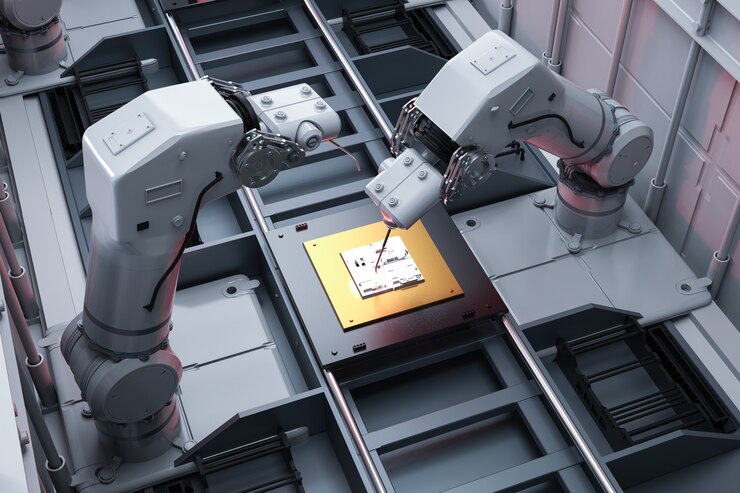 Foto industria de la automatización con línea de ensamblaje de robots en la fábrica