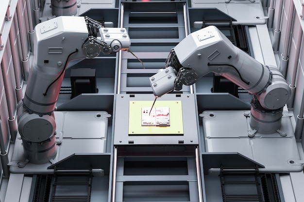 Industria de la automatización con línea de ensamblaje de robots en la fábrica