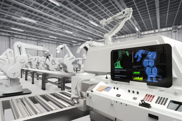 Foto industria de la automatización con pantalla de monitor y brazos robóticos
