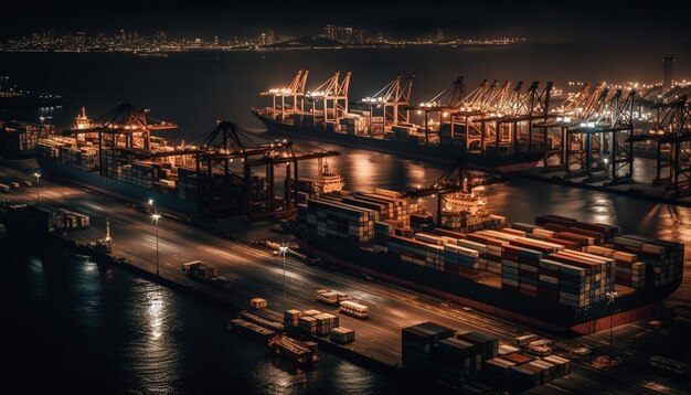 Foto la industria de carga global entrega acero al paisaje urbano frente al mar al atardecer generado por inteligencia artificial