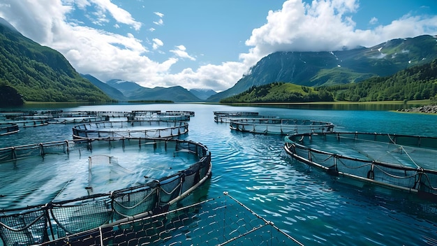 Foto industria de cría de salmón que utiliza tecnologías innovadoras de acuicultura y jaulas de agua abierta concepto de acuacultura innovación jaulas de agua abierto industria de crianza de salmones prácticas sostenibles