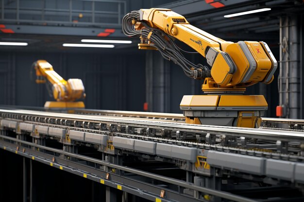 Foto indústria de automação com braços robóticos com linhas transportadoras