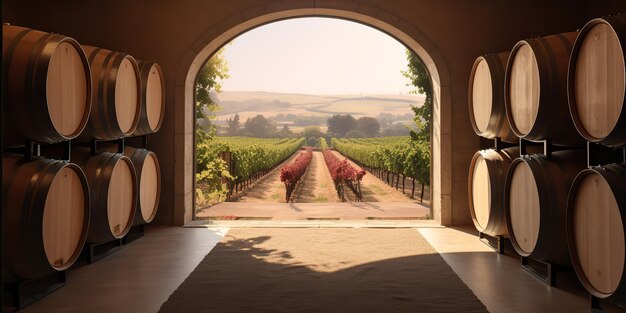 Indústria de barris de vinho de vinhedo vintage gerada por IA com campo de uva para vinho