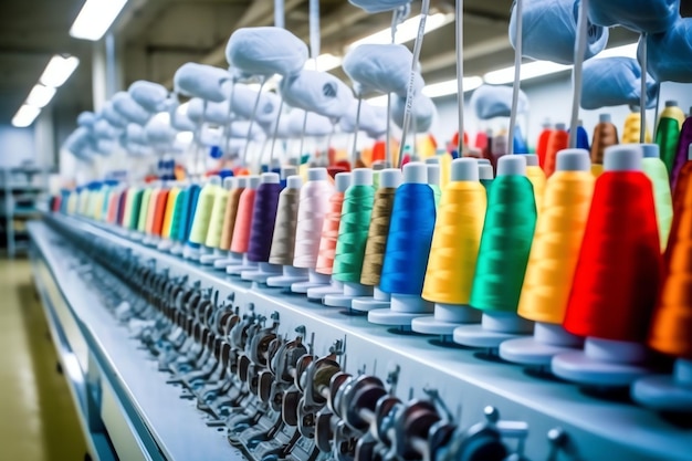 Foto indústria de fábrica de tecidos têxteis com máquina de bordar, tricô ou fiação, empresa de linhas de costura