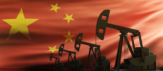 Indústria de petróleo e gás na China Pumpjack perfurando na renderização 3d do fundo da bandeira