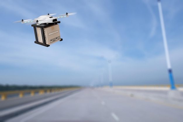 Industria de dispositivos de ingeniería de tecnología de drones volando en logística industrial