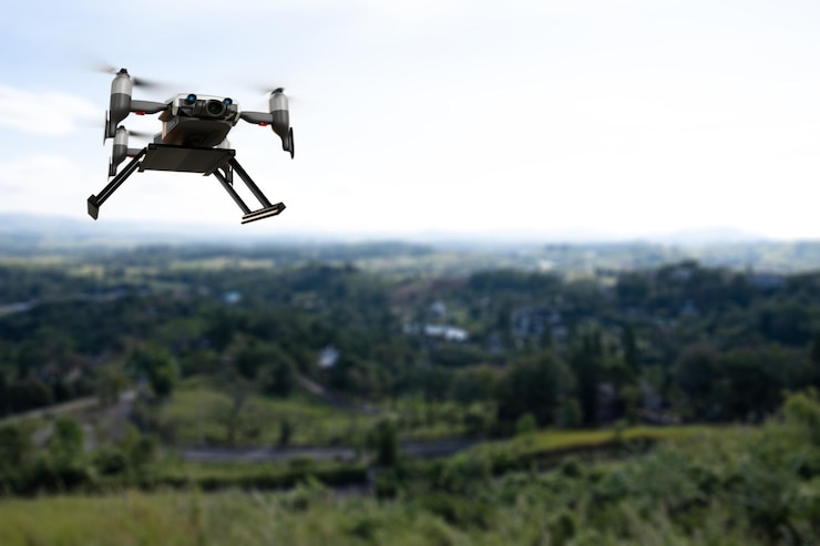 Foto industria de dispositivos de ingeniería de tecnología de drones volando en producto de importación de exportación logística industrial h