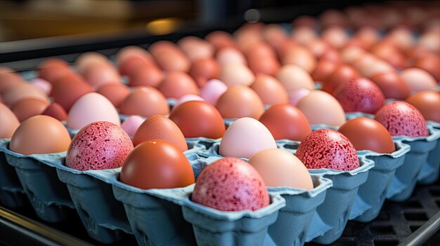 Industria de fábrica de huevos producción de transportadores avícolas Los huevos de gallina se mueven a lo largo de un transportador en una granja avícola Concepto de industria alimentaria producción de huevos de gallina IA generativa