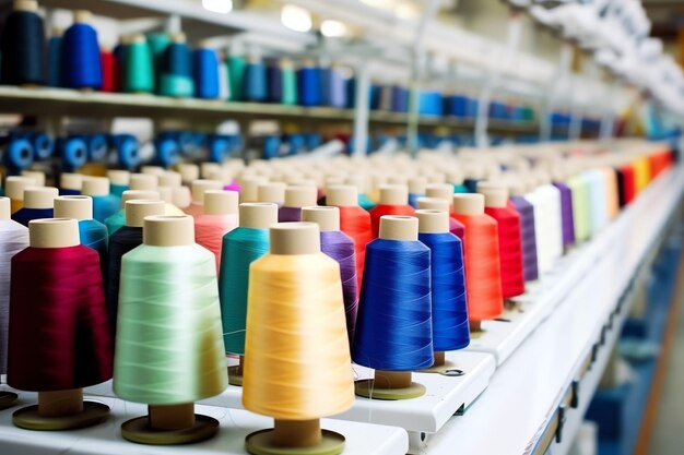 Foto industria de fábricas de telas textiles con máquina de bordar, tejer o hilar, empresa de hilos de coser