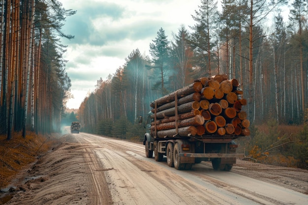 Industria forestalCamión remolque cargado de vigas de madera viajando por una carretera de tierra Rusia
