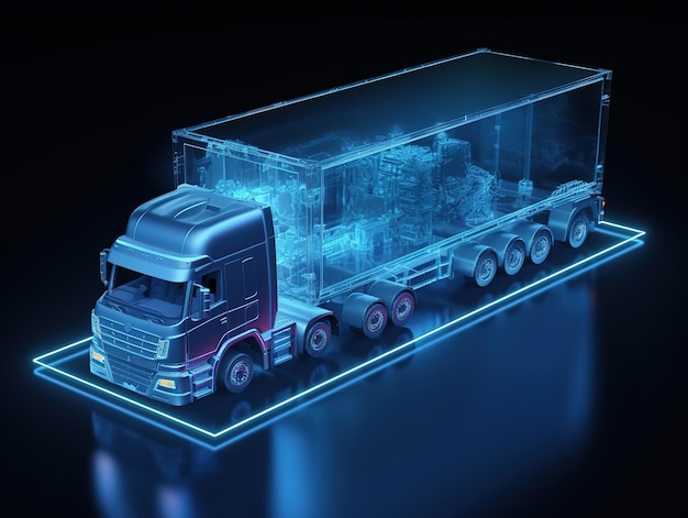 Industria de importación y exportación de concepto de mapa de holograma de camiones de contenedores de carga