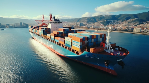 Indústria naval entregando carga em grandes navios porta-contêineres, mar azul e água