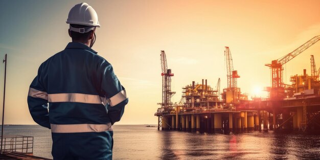 Industria de petróleo y gas en alta mar y operada por un técnico petrolero Trabajador caminando hacia la planta de petróleo y gas para trabajar como plan de rutina Alcance del trabajo de mantenimiento y operación en la planta de petróleo y gas