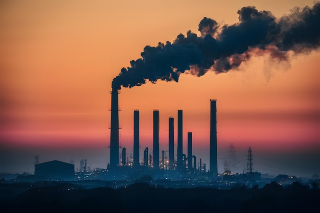 Indústria química emite fumaça preta da chaminé contra o fundo do pôr-do-sol