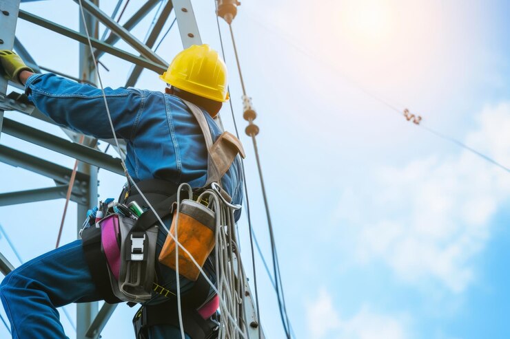 Industria de torres eléctricas con ingeniero trabajador en alturas arquitectura construcción trabajando p