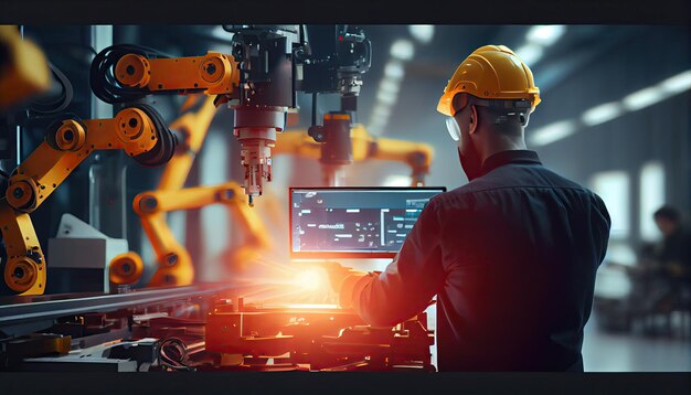 Foto industrial 40 ai generó un primer plano de la imagen de maquinaria de fábrica moderna que comprueba la mano robótica