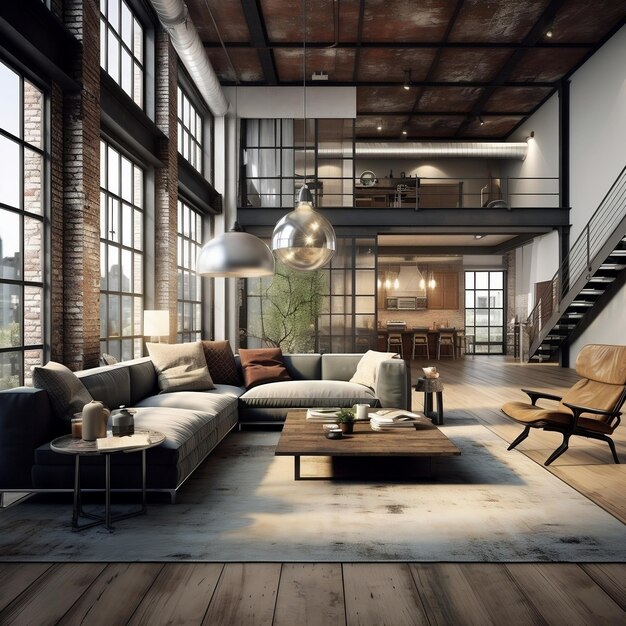 Industrial Chic Una mezcla de espacios de vida en Loft Haven IA generativa