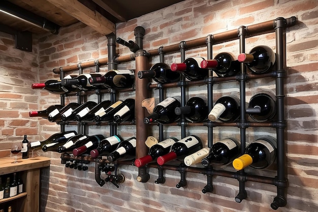 Foto industrial pipe wine rack display en una bodega rústica organizando botellas con un toque industrial urbano