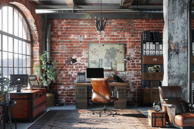 Foto industrie-loft-inspiriertes heimbüro mit freiliegendem b