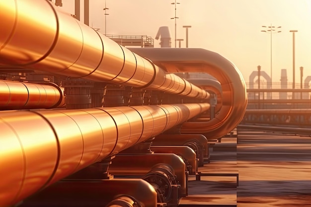 Industrie-Pipeline-Rack für den Transport von Rohöl petrochemische mit Sonnenuntergang Hintergrund Generative KI