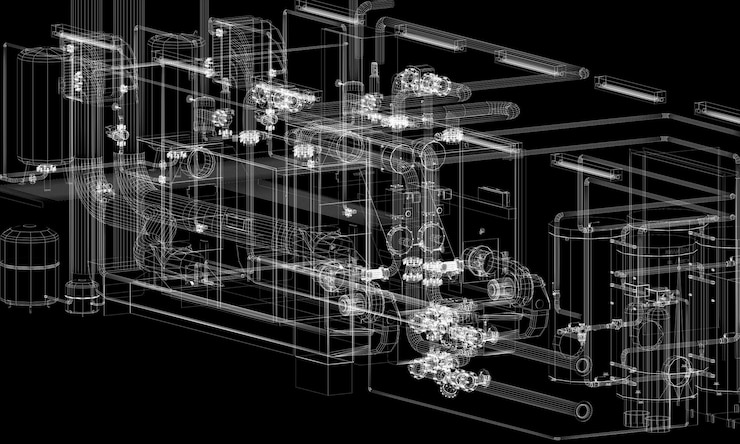 Foto industrieanlagen mit rohrleitungen im werkseigenen 3d-rendeing-drahtrahmen