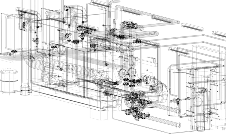 Foto industrieanlagen mit rohrleitungen im werkseigenen 3d-rendeing-drahtrahmen