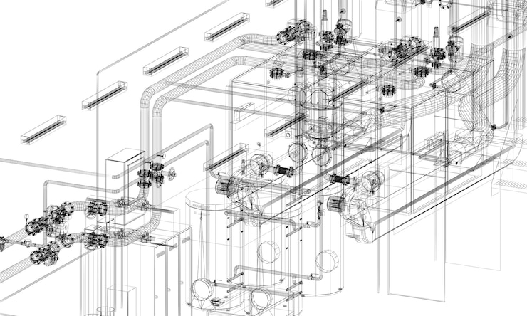 Foto industrieanlagen mit rohrleitungen im werkseigenen 3d-rendeing-drahtrahmen