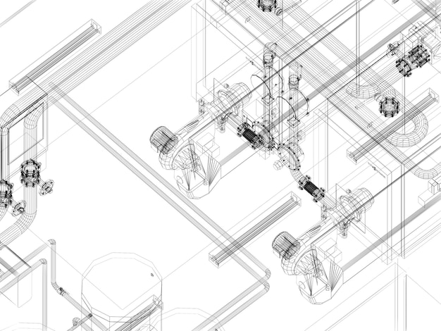Industrieanlagen mit Rohrleitungen im werkseigenen 3D-Rendeing-Drahtrahmen