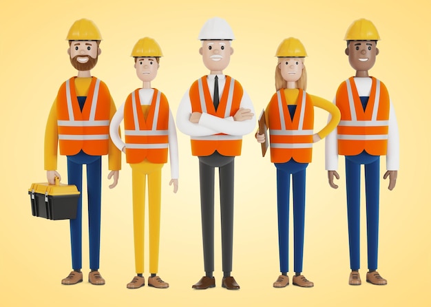 Industriearbeiter. Ein Team von Bauarbeitern mit Sicherheitswesten und Schutzhelmen. 3D-Darstellung im Cartoon-Stil.
