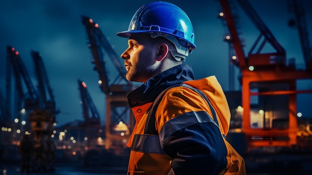 Industriearbeiter mit Sicherheitsjacke und Helm am Hafen
