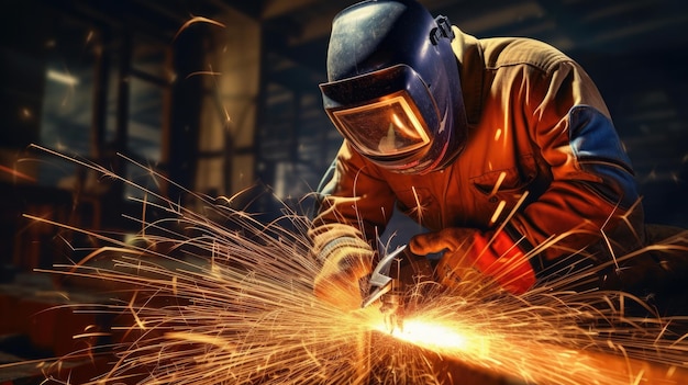 Industriearbeiter schweißt Metall mit vielen scharfen Funken