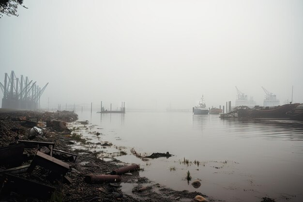 Industriehafen mit smogigem Nebel, der das Wasser bedeckt